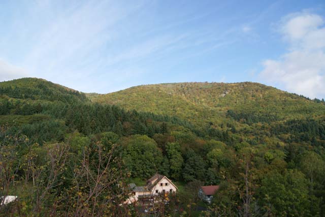 Vue sur la crête sommitale du Hartmannswillerkopf depuis le rocher fortifié du Hirtzenstein. 