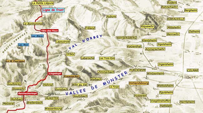 Carte des vallées de la Weiss (Val d'Orbey) et le la Fecht (vallée de Munster) avec le front et les principaux champs de batailles des années 1914-1915 dans les Hautes-Vosges. 