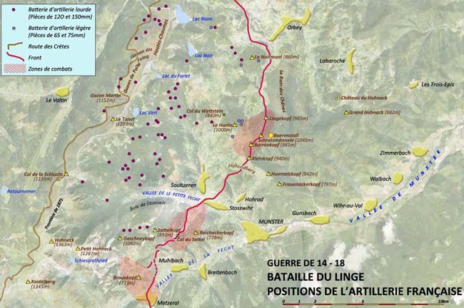 Bataille du Linge: positions de l'artillerie française durant les combats.