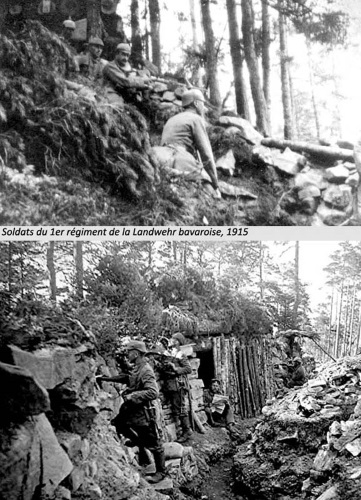 Soldats du 1er régiment de la Landwehr bavaroise dans leurs tranchées du Schratzmännele. Début 1915.