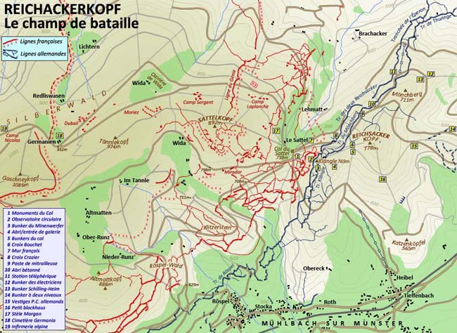 Carte générale du champ de bataille du Reichsackerkopf après sa stabilisation fin juillet 1915.