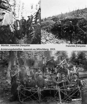 Troupes françaises et allemandes (Bavarois) au Reichackerkopf en 1915.