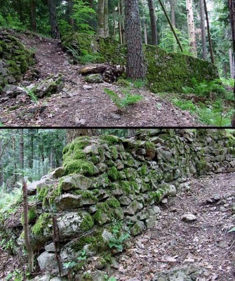 Vestiges d'un mur de défense français près du col du Sattel (C7). 