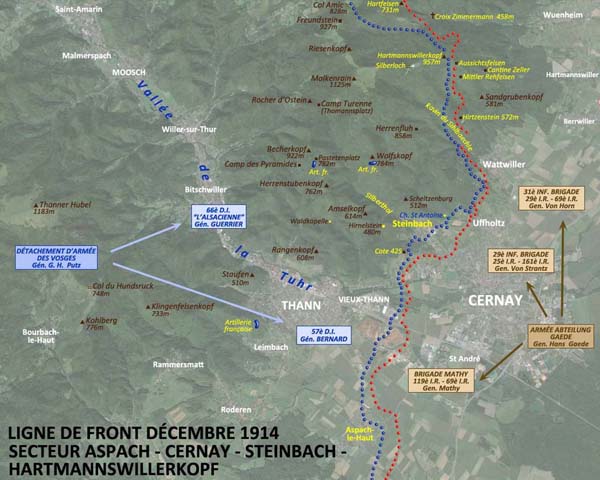 Carte du secteur des combats de 1914-1915 au débouché de la vallée de la Thur.