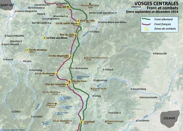 Le front des Vosges et les combats entre Saint-Dié et Colmar fin 1914. 