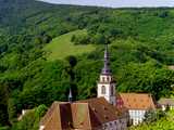 Andlau : l’église abbatiale Sainte-Richarde vue depuis le coteau du Wibelsberg.