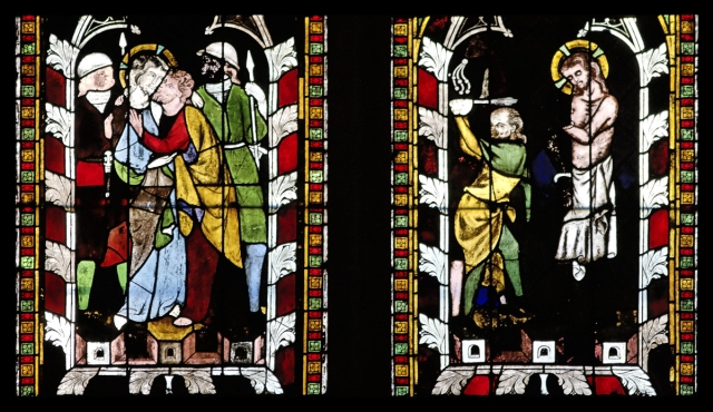 La chapelle St Laurent, 3e verrière : baiser de Judas et flagellation (v. 1330)