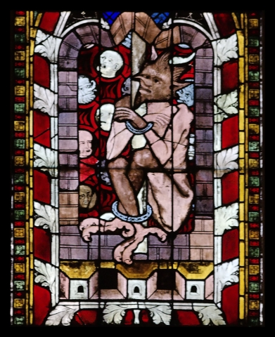 La chapelle St Laurent, 4e verrière : le Diable enchaîné dans les enfers (v. 1330)