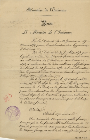 Arrêté ministériel, 8 novembre 1853 (recto) (image interactive)