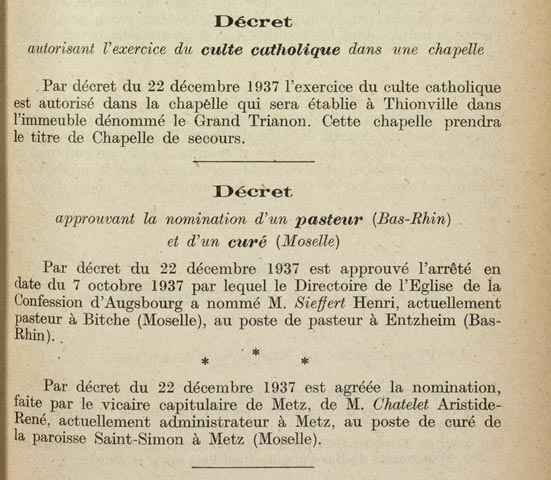 Décret approuvant la nomination d'un pasteur et d'un curé