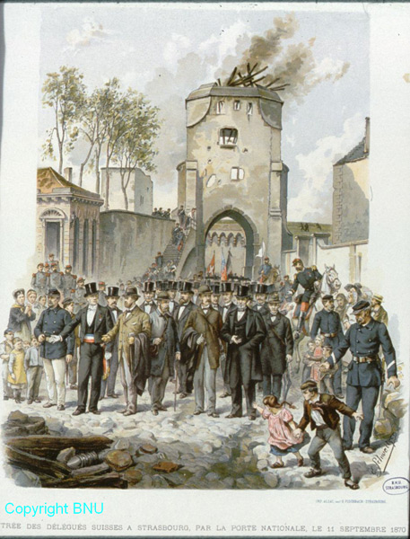 Entrée des Délégués Suisses à Strasbourg, par la Porte Nationale, le 11 Septembre 1870