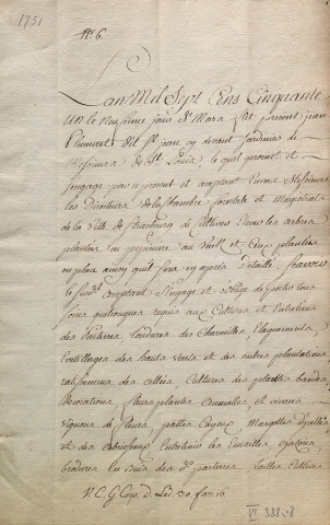 Contrat d’embauche de Jean Plumeret comme jardinier de la ville, 9 mars 1751