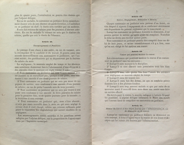 Règlement du service des cantonniers et jardiniers, 18 novembre 1856 