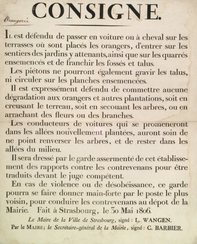 Règlement pour les promeneurs dans le parc de l’Orangerie