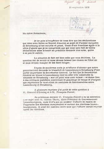 Lettre de Pierre Pflimlin à Simone Veil (1979) (image interactive)