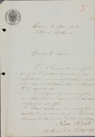 Lettre d'Adam Munch au maire, 16 juillet 1874 (image interactive)