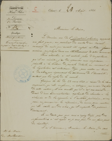 Lettre signée par le préfet du Haut-Rhin au maire de Mulhouse André Koechlin, 20 août 1841 (a)