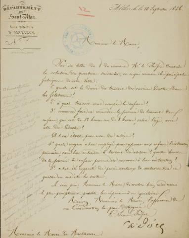 Lettre du sous-préfet d’Altkirch au maire de Mulhouse, 10 septembre 1846