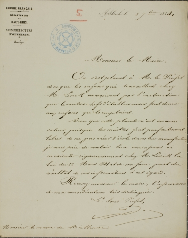 Lettre du sous-préfet d’Altkich au maire de Mulhouse, 8 octobre 1854