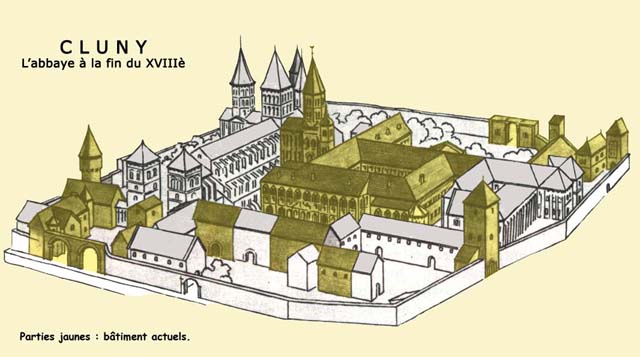 Restitution de l'abbaye de Cluny III et des vestiges ayant échappé aux destructions du XIXè siècle.