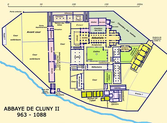 Plan de l'abbaye de Cluny II avant la construction de l'abbatiale Cluny III.