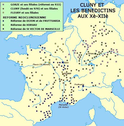 Carte des principales fondations monastiques de Cluny en France et dans le Saint-Empire.