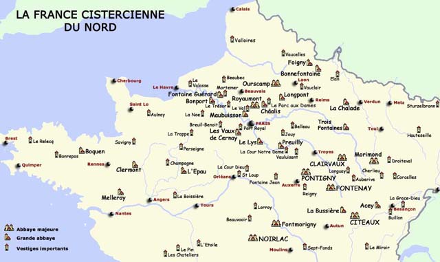 Principale abbayes et fondations monastiques cisterciennes de la France du nord.