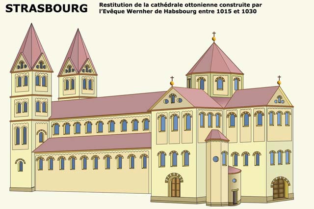 Strasbourg, cathédrale Notre-Dame : reconstitution de l’édifice ottonien de l'évêque Werner, vers 1000-1015.}