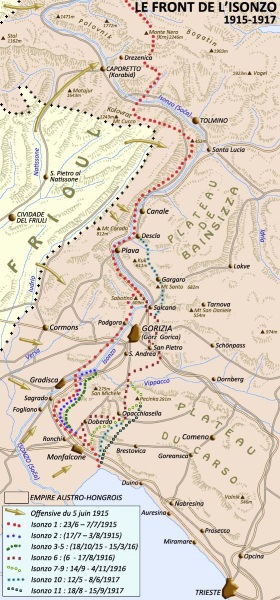 Carte de la région de l’Isonzo, principal champ de bataille entre les Italiens et les Austro-Honfgrois. 