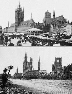 Le centre d’Ypres avant la guerre et après les combats de 1914-1915.