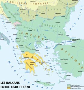 Carte des Balkans entre 1840 et 1878. Si la Turquie reste encore une puissance incontournable dans cette région stratégique de l’Europe, elle est cependant sur le reculoir : obligée de reconnaître l’indépendance de la Grèce, elle doit accordre l’autonomie à de vastes territoires qui vont former la future Serbie et la future Roumanie, alors que l’empire austro-hongrois s’apprête à faire main basse sur la Bosnie-Herzégovine. 