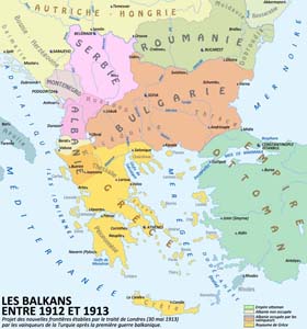 Carte des Balkans après la première guerre balkanique et le traité de Londres. Le traité de Londres qui clôt la première guerre balkanique frustre de fait tous les belligérants : la Turquie qui perd la plus grande partie de ses territoires européens, mais aussi ses vainqueurs, incapables de s’entendre sur le partage de leurs conquêtes. Bientôt, la rivalité entre Serbie et Bulgarie va déclencher  un nouveau conflit armé.