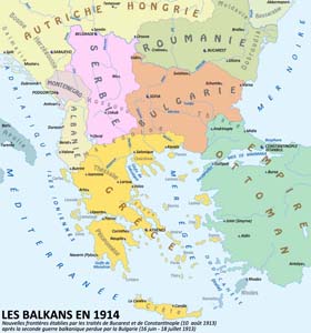 Carte des Balkans en 1914, après la seconde guerre Balkanique. Sortant victorieuse de cette guerre, la Serbie perd toute prudence  vis-à-vis de son puissant voisin austro-hongrois, alors que la Bulgarie rumine sa vengeance, qui la fera basculer lors de la Grande Guerre dans le camp de la Triplice.