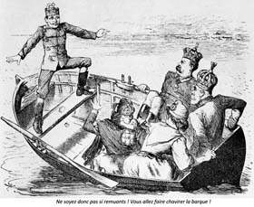 Caricature du journal anglais Punch de 1890 montrant le bouleversements occasionnés par le nouvelle politique de l'inconstant Guillaume II. Il tente de maintenir l'équilibre qu'ils s'est acharné à bouleverser. Assis dans le canot, la Russie (Alexandre III, l'Autriche-Hongrie (François-Joseph), la France (Marianne), l'Angleterre (Victoria tenant son petit fils).