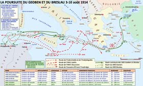 L’épopée du SMS Breslau et du SMS Goeben, poursuivis par la flotte anglaise à travaers la Méditerranée. 