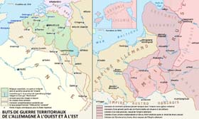 Les buts de guerre allemands à l'ouest et à l'est. A l'ouest, l'Allemagne entend établir sa domination sous diverses formes (annexions, vassalisations, points d'appuis...) dont l'objectif principal est de contrer la puissance navale et commerciale de l'empire anglais. A l'est par contre, l'objectif est la conquête sur les Slaves de vastes territoires, 