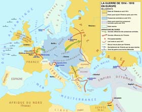 La guerre de 1914-1918 : principaux fronts et principales batailles en Europe et au Proche Orient.