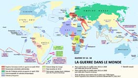 La guerre dans le monde. Carte montrant l’extension au monde entier du premier conflit mondial, avec notamment l’entrée en guerre de nombreux pays, ainsi que les grands affrontements maritimes hors Europe.