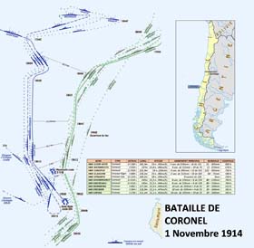 La bataille de Coronel. Carte des manœuvres des deux flottes durant l’affrontement. La bataille sera une grande victoire pour l’amiral Von Spee. Mais aussi son chant du cygne. Ayant en effet épuisé la moitié  de ses munitions, il tente de rallier les ports de guerre allemands mais se laisse tenter par un raid surprise contre les installations portuaires anglaises de Port Stanley aux Falklands. Il ne se doute pas qu’il y est attendu par une flotte bien supérieur et se jette dans la gueule du loup : ce sera un désastre.