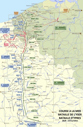 Guerre de 1914-1918 : la course à la mer. Batailles de l’Yser et d’Ypres, 29 septembre au 17 novembre 1914.
