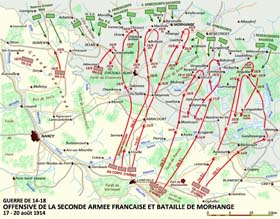 Guerre de 1914 – 1918, front Alsace-Vosges : offensive de la seconde armée française et bataille de Dieuze - Morhange, 17 – 20 août 1914. L’enthousiasme français des premiers jours de l’offensive est rapidement retombé : bousculés, les Allemands se reprennent très vite et amorcent une contre-attaque générale dont l’objectif final est d’avancer par la trouée de Charmes et d’encercler l’armée française et rejoignant l’armée von Kluck dans le cadre du plan Schlieffen. 