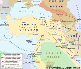 La guerre dans l’empire ottoman avec ses principaux fronts : Caucase, Mésopotamie, Gallipoli et Egypte-Palestine. 