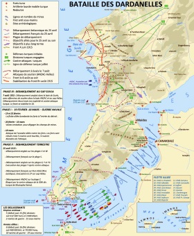 Carte du front des Dardanelles montrant la tentative navale contre les forts turcs et les opérations sur la presqu’île de Gallipoli.