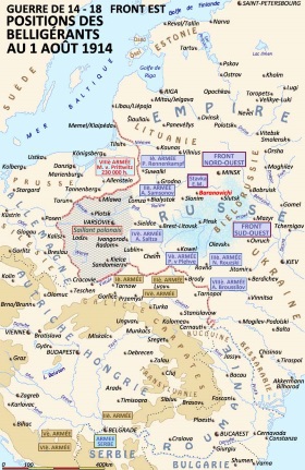 Front Est : position des armées des belligérants le 1er août 1914. L’effort principale des Russe se prote non par sur les troupes allemandes, mais contre les troupes austro-hongroises, jugées bien moins fiables. 