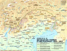 Carte des combats en Italie entre 1915 et 1917 : bataille des plateaux et offensives 1 à 11 sur l’Isonzo. 