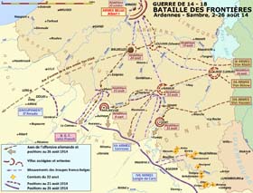 Guerre de 1914-1918, « Bataille des Frontières » : l’offensive Schlieffen en Belgique et les batailles de Sambre – Ardennes jusqu’au 26 août. Surpris par l’ampleur de l’offensive Schlieffen, Joffre engage une contre attaque entre Sedan et Etain, dans les Ardennes. Mais il sous-estime totalement les forces ennemies, et, au lieu des 9 divisions prévues, en trouve 22, bien armées et préparées : la contre-attaque va tourner à la tragédie.