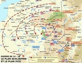 Guerre de 1914-1918 : le plan allemand Schlieffen et le plan français XVII. Les deux plans de guerre reposent sur l'offensive. Ils sont tous les deux voués à l’échec, avec bien plus de conséquences pour les Français que pour les Allemands.