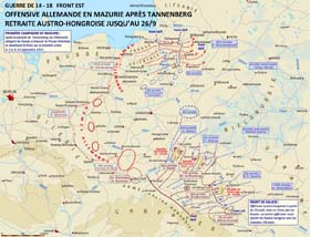 Front Est : première bataille de Mazurie, 1 – 13 septembre 1914 ; offensive et retraite austro-hongroise jusqu’au 26 septembre 1914.