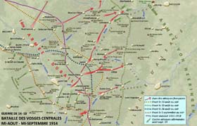 Guerre de 1914 – 1918, front Alsace-Vosges : bataille des Vosges Centrales ou de la Haute-Meurthe, entre la mi-août et la mi-septembre 1914. En même temps que la bataille de la trouée de Charmes se déroule la bataille de la Haute-Meurthe contre la 1ère armée Dubail : les Allemands s’emparent de Saint-Dié le 27 août, mais ne parviennent pas à déborder l’armée française qui s’accroche à Badonviller, la Chipotte, Senones, Ban-de-Sapt, la Croix-aux-Mines.