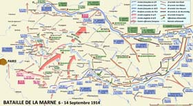 Guerre de 1914-1918, « Bataille de la Marne » : déroulement des opérations entre le 6 et le 14 septembre. La défaite de l'Armée allemande sur la Marne est décisive. Le plan consistant à vaincre rapidement la France avant de consacrer tout l’effort de guerre à la Russie n'a pas donné les résultats escomptés, malgré les énormes moyens déployés.